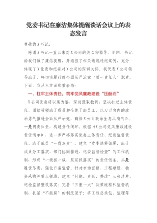 党委书记在廉洁集体提醒谈话会议上的表态发言