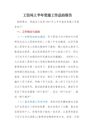 工信局上半年党建工作总结报告