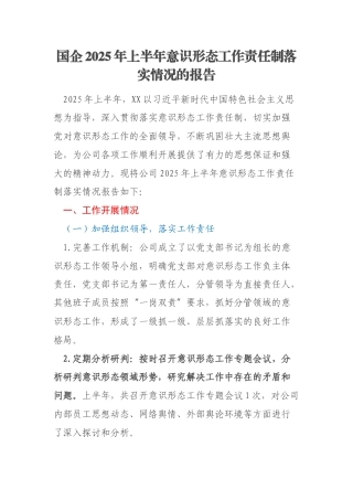 国企2025年上半年意识形态工作责任制落实情况的报告