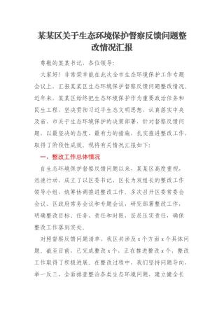 某某区关于生态环境保护督察反馈问题整改情况汇报
