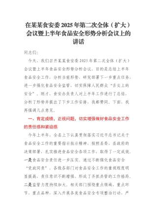 在某某食安委2025年第二次全体（扩大）会议暨上半年食品安全形势分析会议上的讲话