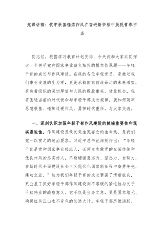 党课讲稿：筑牢根基锤炼作风在奋进新征程中展现青春担当