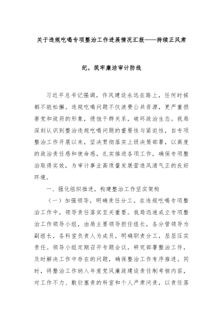 关于违规吃喝专项整治工作进展情况汇报——持续正风肃纪，筑牢廉洁审计防线