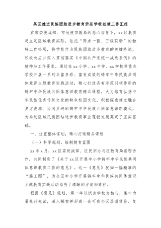 某区推进民族团结进步教育示范学校创建工作汇报