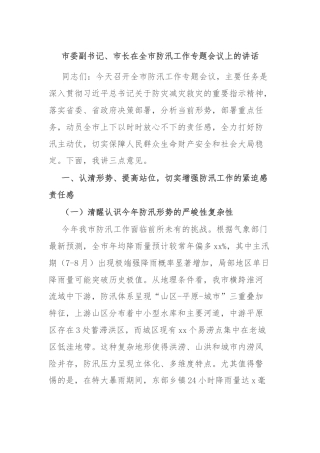 市委副书记、市长在全市防汛工作专题会议上的讲话