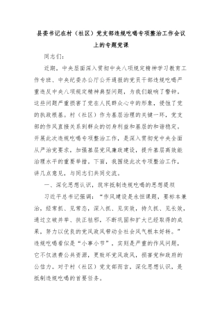 县委书记在村（社区）党支部违规吃喝专项整治工作会议上的专题党课