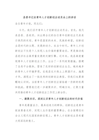 县委书记在青年人才创新创业动员会上的讲话