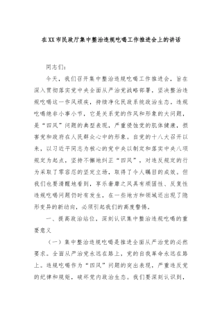 在XX市民政厅集中整治违规吃喝工作推进会上的讲话