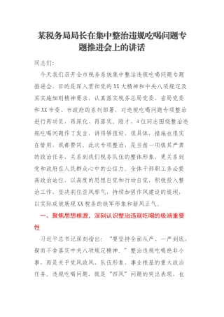 某税务局局长在集中整治违规吃喝问题专题推进会上的讲话