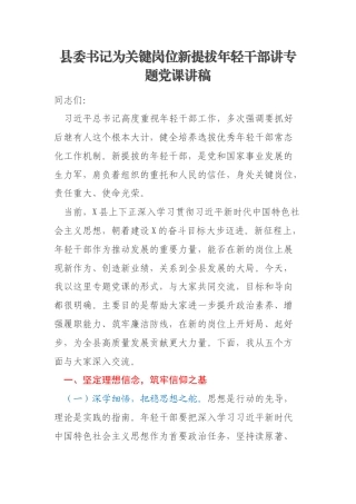 县委书记为关键岗位新提拔年轻干部讲专题党课讲稿
