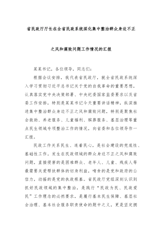 省民政厅厅长在全省民政系统深化集中整治群众身边不正之风和腐败问题工作情况的汇报