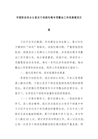 市国防动员办公室关于违规吃喝专项整治工作进展情况汇报