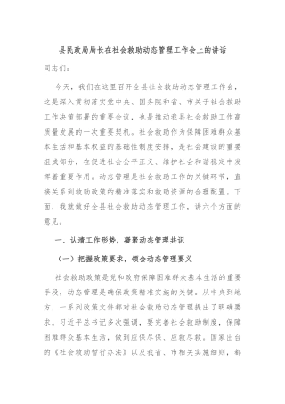 县民政局局长在社会救助动态管理工作会上的讲话