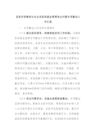 县医疗保障局长在全县医保基金管理突出问题专项整治工作汇报