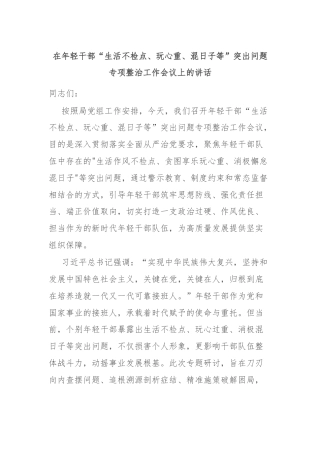 在年轻干部“生活不检点、玩心重、混日子等”突出问题专项整治工作会议上的讲话