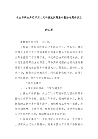 在全市群众身边不正之风和腐败问题集中整治专题会议上的汇报