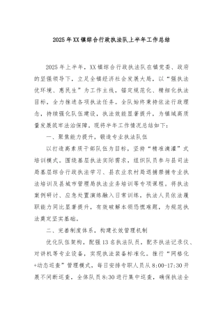 2025年XX镇综合行政执法队上半年工作总结