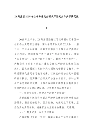 XX局党组2025年上半年落实全面从严治党主体责任情况报告