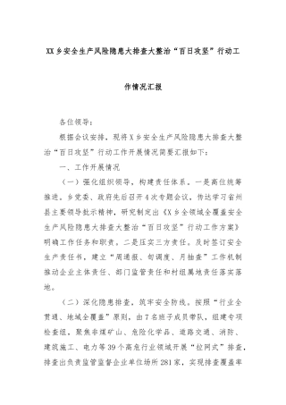 XX乡安全生产风险隐患大排查大整治“百日攻坚”行动工作情况汇报