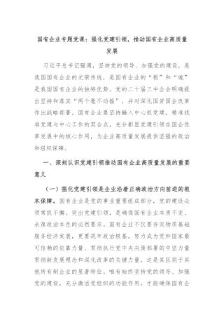 国有企业专题党课：强化党建引领，推动国有企业高质量发展