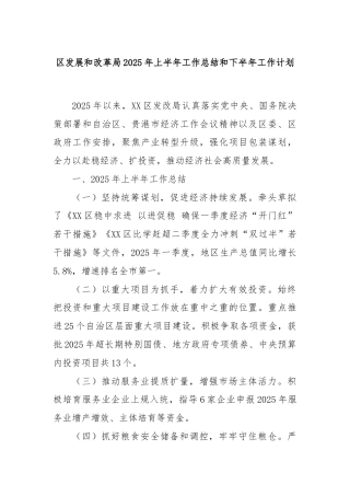 区发展和改革局2025年上半年工作总结和下半年工作计划
