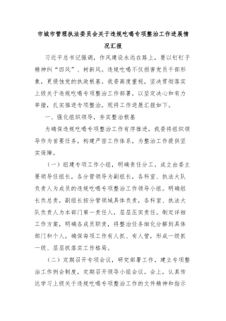 市城市管理执法委员会关于违规吃喝专项整治工作进展情况汇报