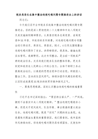 税务局局长在集中整治违规吃喝问题专题推进会上的讲话