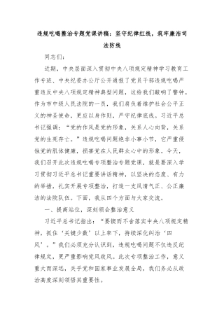违规吃喝整治专题党课讲稿：坚守纪律红线，筑牢廉洁司法防线