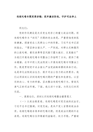 违规吃喝专题党课讲稿：筑牢廉洁防线，守护司法净土