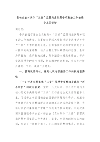 县长在农村集体“三资”监管突出问题专项整治工作推进会上的讲话
