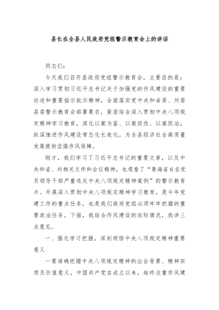 县长在全县人民政府党组警示教育会上的讲话