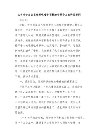 在市政协办公室违规吃喝专项整治专题会上的讲话提纲