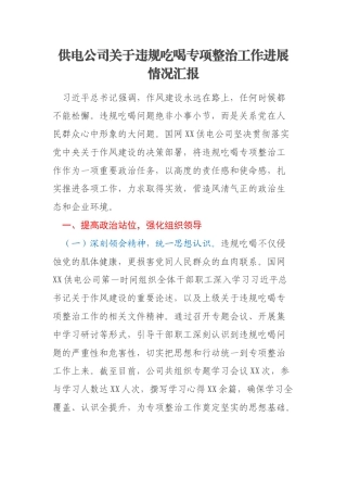 供电公司关于违规吃喝专项整治工作进展情况汇报