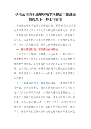 供电公司关于违规吃喝专项整治工作进展情况及下一步工作计划