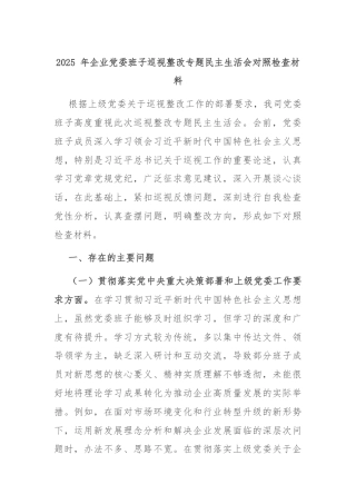 2025 年企业党委班子巡视整改专题民主生活会对照检查材料