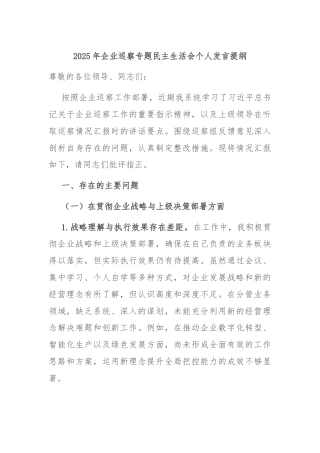 2025年企业巡察专题民主生活会个人发言提纲