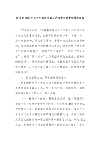 XX县委2025年上半年落实全面从严治党主体责任情况报告