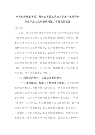 市民政局党组书记、局长在市民政系统关于集中整治群众身边不正之风和腐败问题工作情况的汇报