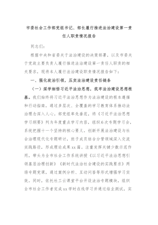 市委社会工作部党组书记、部长履行推进法治建设第一责任人职责情况报告