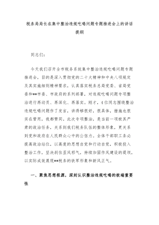 税务局局长在集中整治违规吃喝问题专题推进会上的讲话提纲