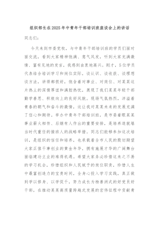 组织部长在2025年中青年干部培训班座谈会上的讲话