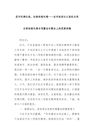 坚守纪律红线，杜绝违规吃喝——在市政府办公室机关党支部违规吃喝专项整治专题会上的党课讲稿