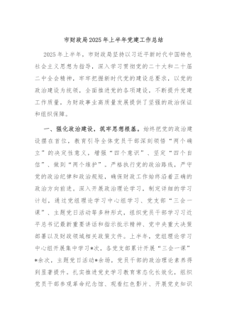 市财政局2025年上半年党建工作总结