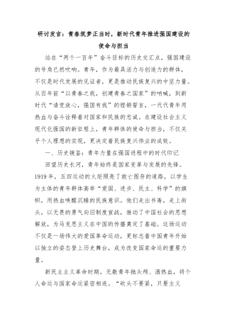 研讨发言：青春筑梦正当时，新时代青年推进强国建设的使命与担当