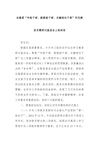 在集团“年轻干部、新提拔干部、关键岗位干部”作风建设专题研讨座谈会上的讲话