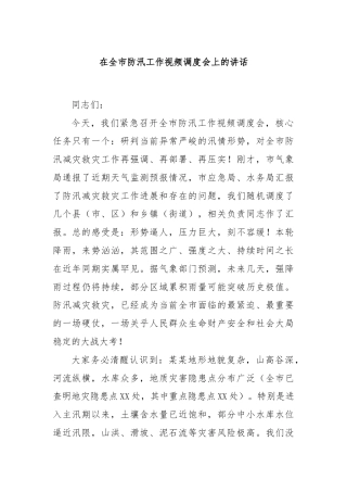 在全市防汛工作视频调度会上的讲话