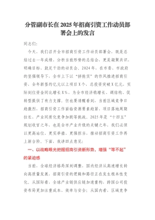 分管副市长在2025年招商引资工作动员部署会上的发言