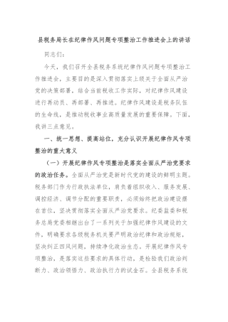 县税务局长在纪律作风问题专项整治工作推进会上的讲话
