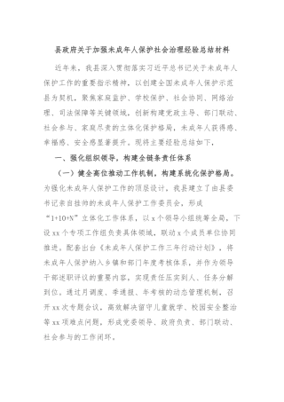 县政府关于加强未成年人保护社会治理经验总结材料