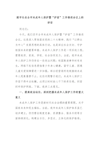 副市长在全市未成年人保护暨“护苗”工作推进会议上的讲话